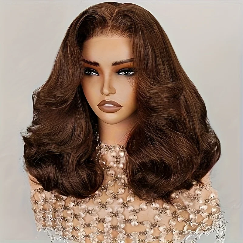 Brown Body Wave Short Bob Wigs 100% Human Hair Color #4 Dark Chocolate Brown Bouncy Loose Curly Bob Wigs Human Hair 13x4 Lace Frontal Wigs For Women