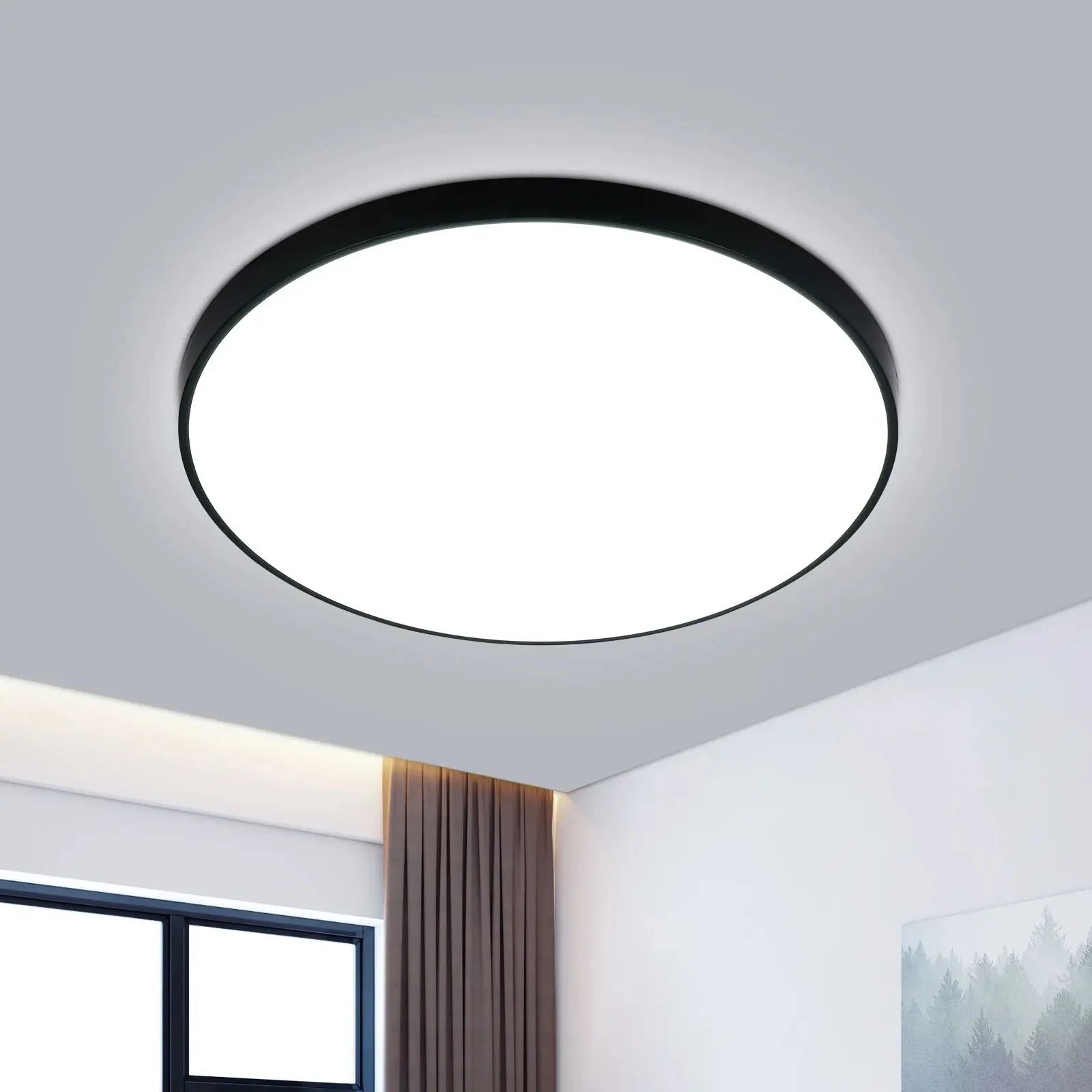 24W LED Round Ceiling Light, Waterproof Modern Black Plastic Flush Mount Fixture for Bedroom, Living Room, Kitchen