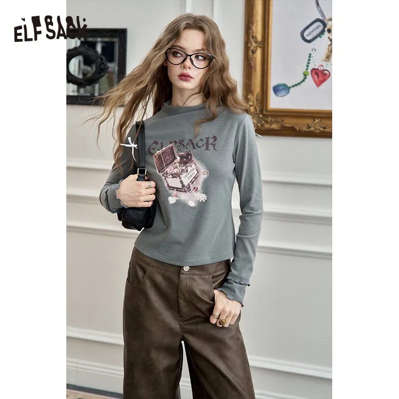 ELFSACK 2024 Winter New Arrivals Half turtleneck long sleeve T-shirt Original cat print bottoming shirt