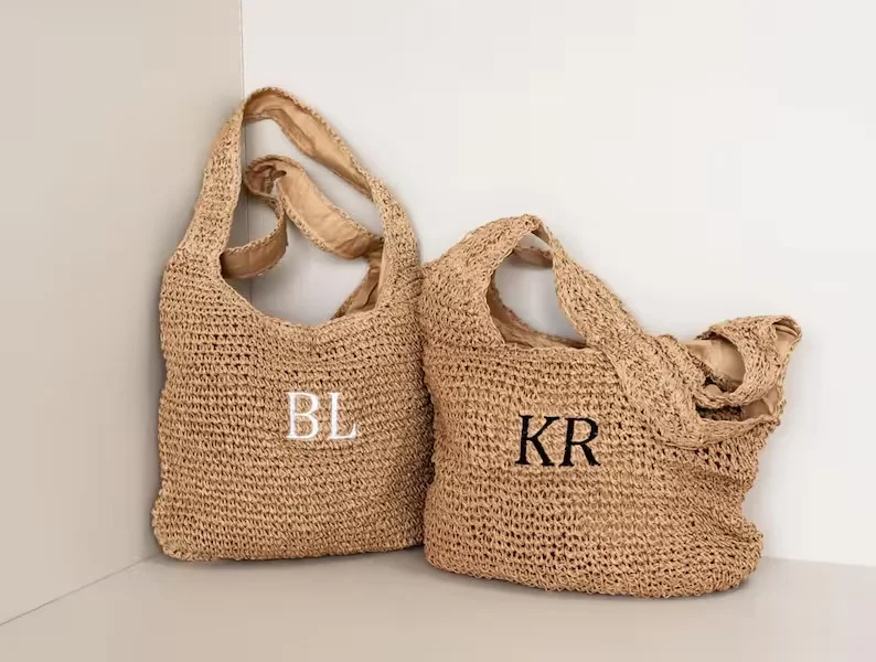 

Custom Straw Raffia Beach Bag Personalised Name or Initials Monogram Bridesmaid Tote Summer Shoulder Shopper Beach Wedding Bag