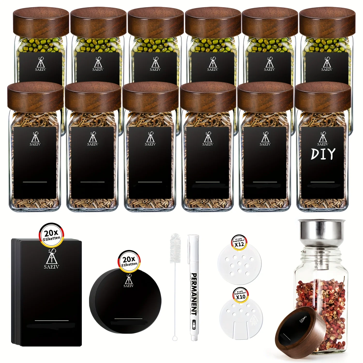 Set di 12/24/35 barattoli quadrati per spezie, contenitori in vetro da 120 ml con coperchi ed etichette, erogatore a scaglie, setaccio e spazzola per la pulizia, organizer per spezie da cucina.