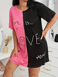 Clashing Design Plus Size Casual Pajamas Women's Plus Size Colour Block Letter Printed Short Sleeve Medium Stretchy Nightgowns