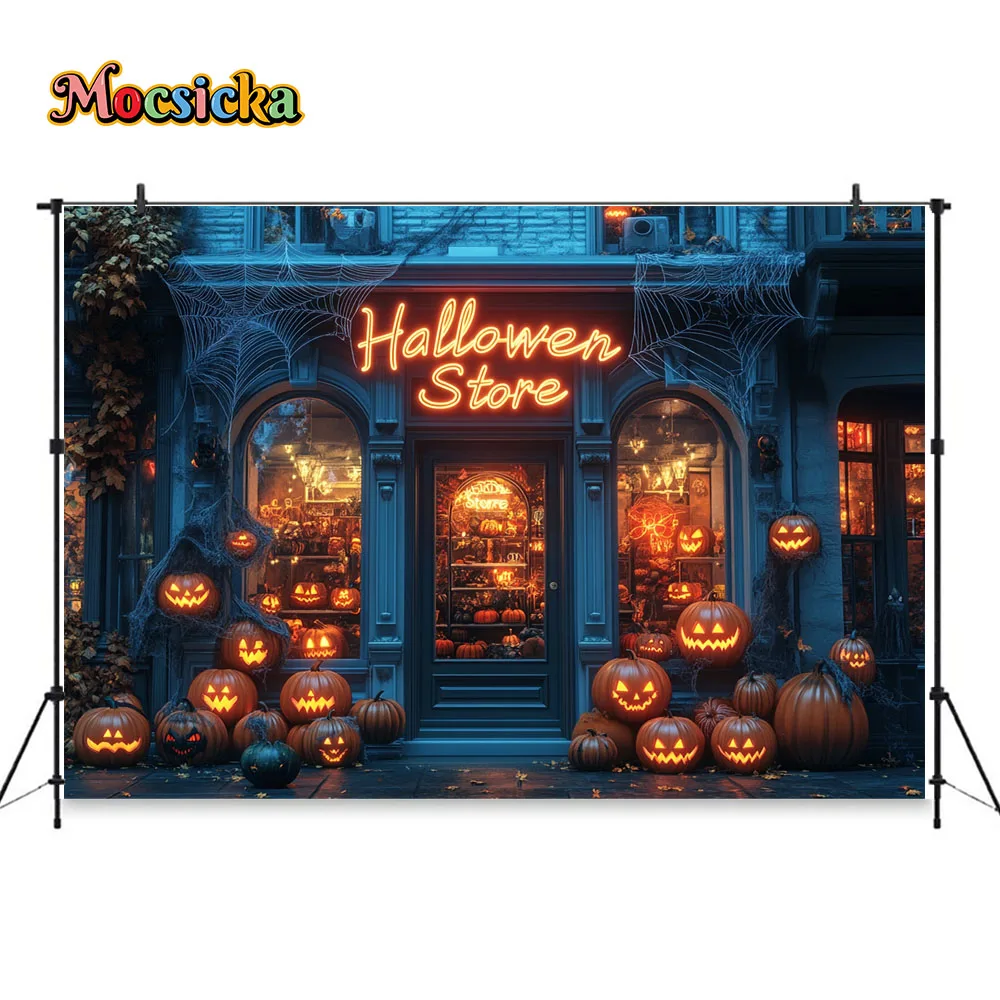 Halloween Store Night Photography Backgrounds for Kid Birthday Holiday Party Scary Pumpkin House Spider Web Backdrop Decor Photo