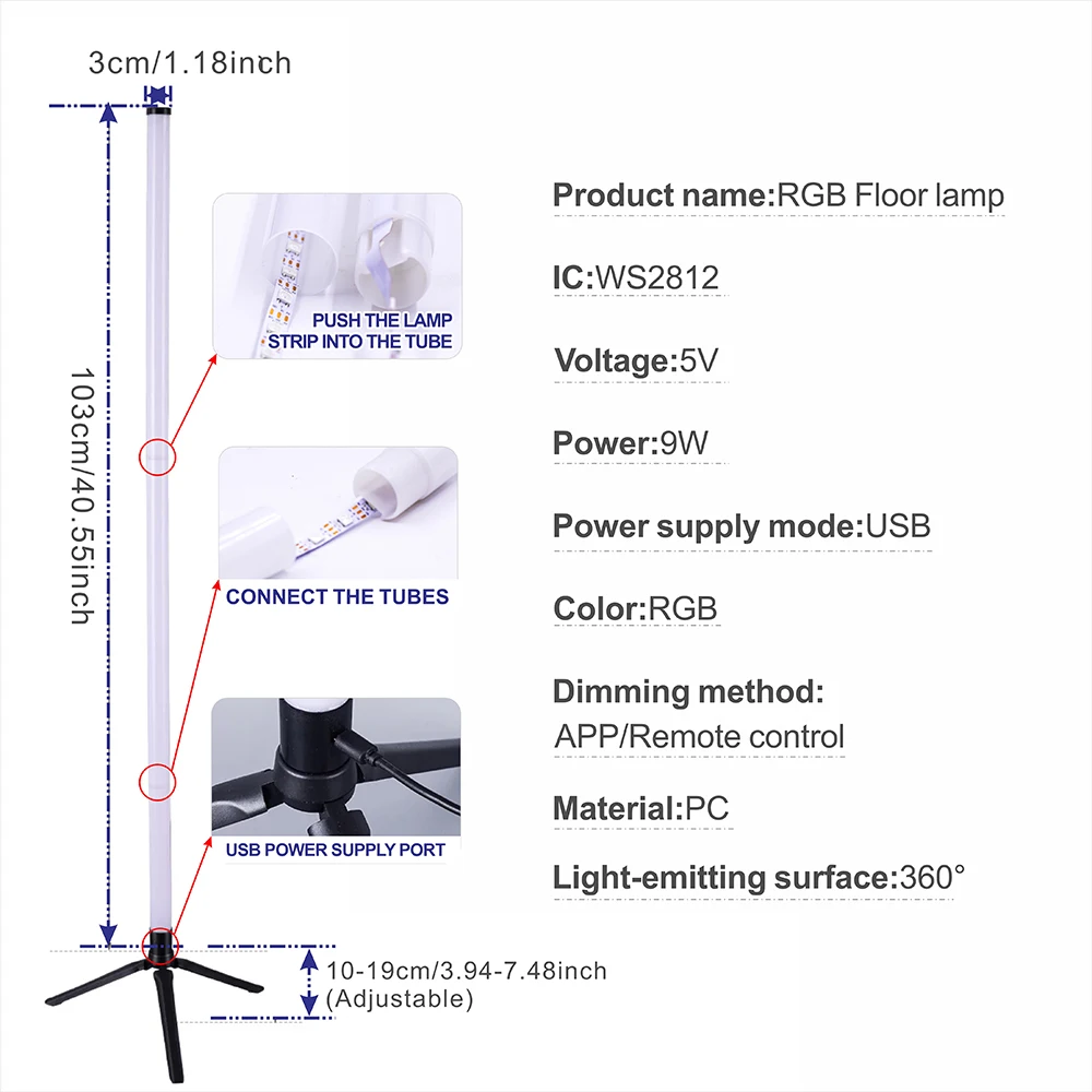 USB 5V 2812 RGB LED Atmosphärenbeleuchtung, dimmbare Stehlampe mit Smart-App-Steuerung, für Schlafzimmer, Innenbereich, USB-Eckstehleuchte