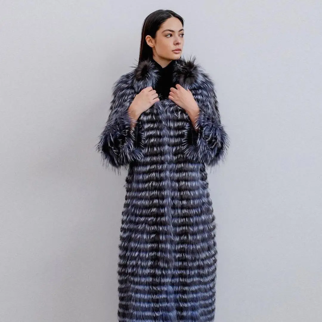 Długi płaszcz damski z prawdziwego futra lisa srebrnego, zimowa odzież wierzchnia, wysokiej jakości skóra naturalna, naturalne futro, stójka.