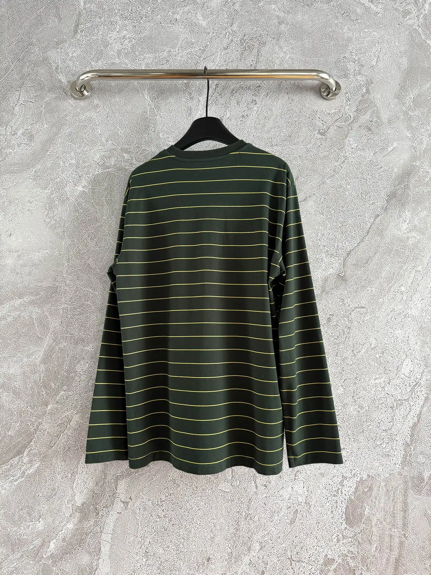 

2025 Autumn New Green Stripe T-shirt Color woven Cotton Fabric Collar with Hand Worn Hole Loose Cut 451