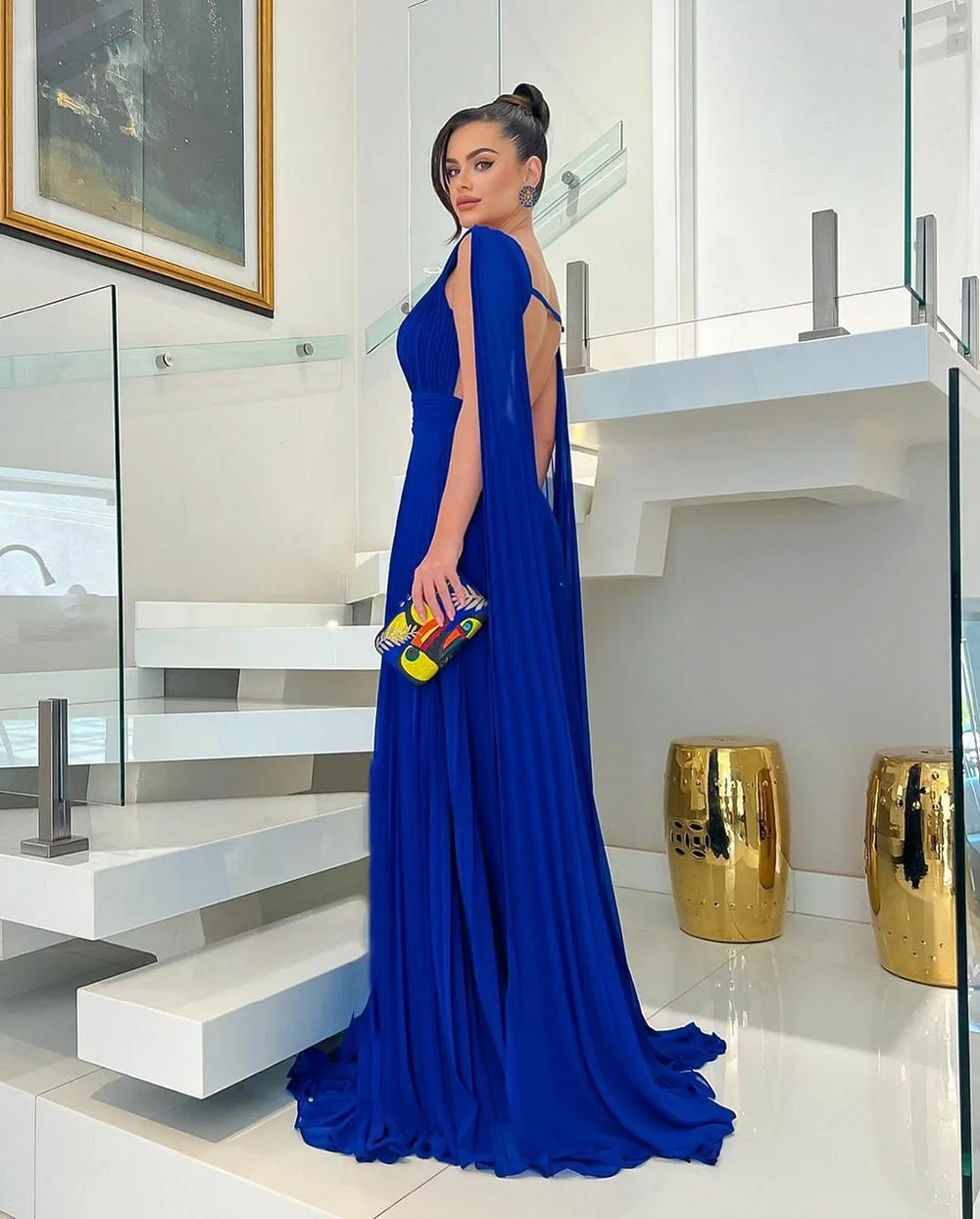 Msikoods Royal Blue Prom Dresses Women Ruched Long Evening Party Dress Customized Formal Dress Sleeves Backless Gala Gown