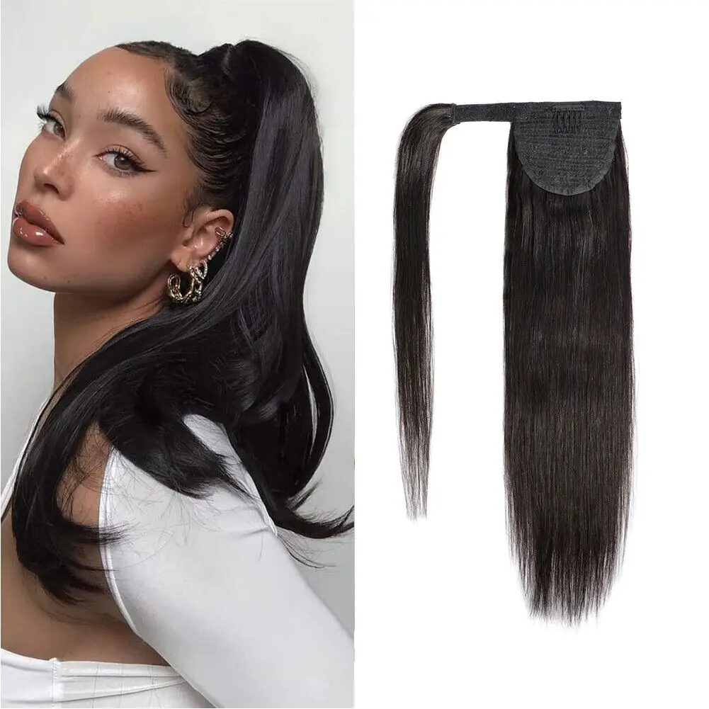 

26 Inch Long Straight Ponytail Wrap Around Clip In Hair Extensions Hairpiece Medium Natural Black Brazilian Human Hair Pony Tail