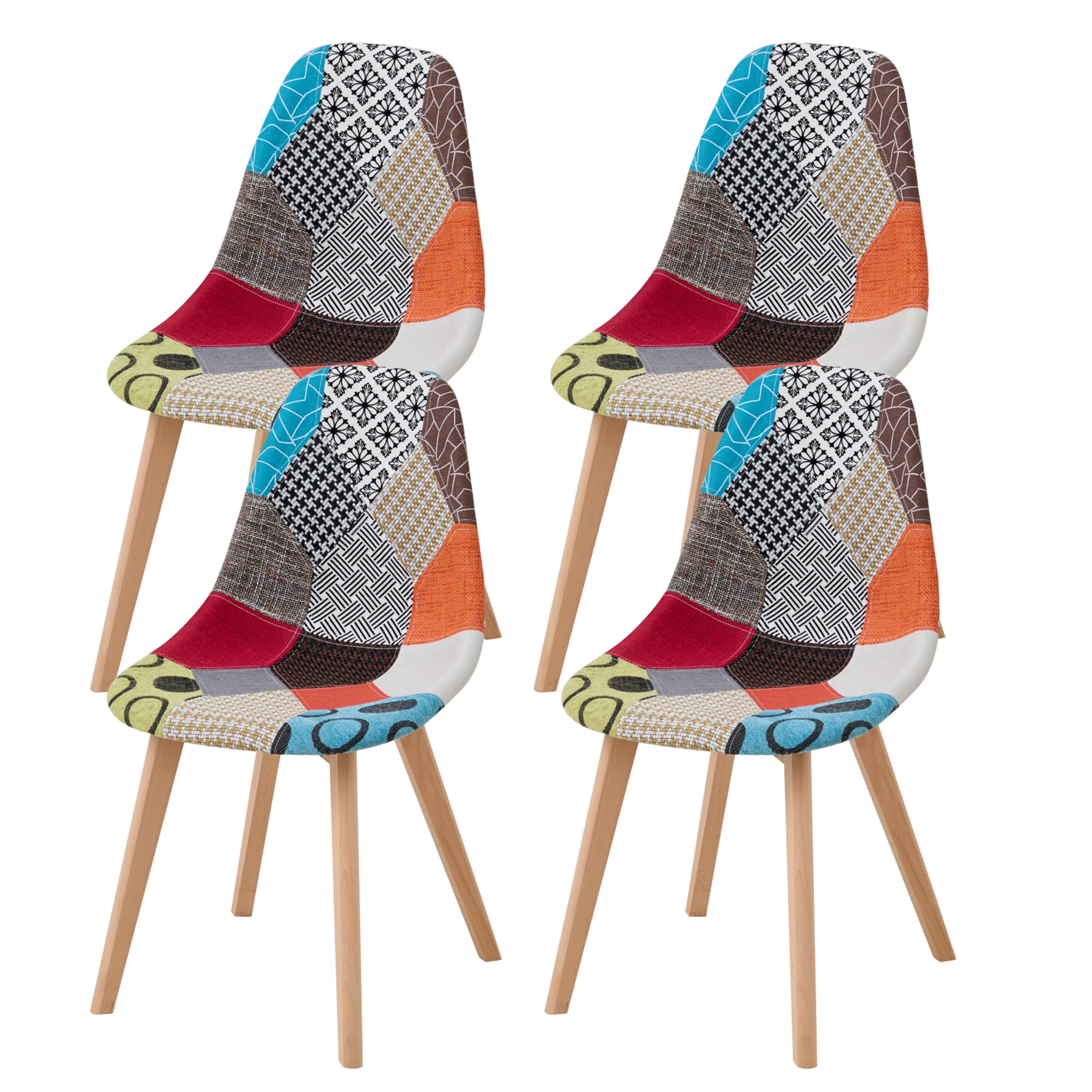 EGOONM Set di 4 sedie da pranzo nordiche medievali con gambe in legno di faggio, tessuto patchwork per cucina, sala da pranzo, soggiorno