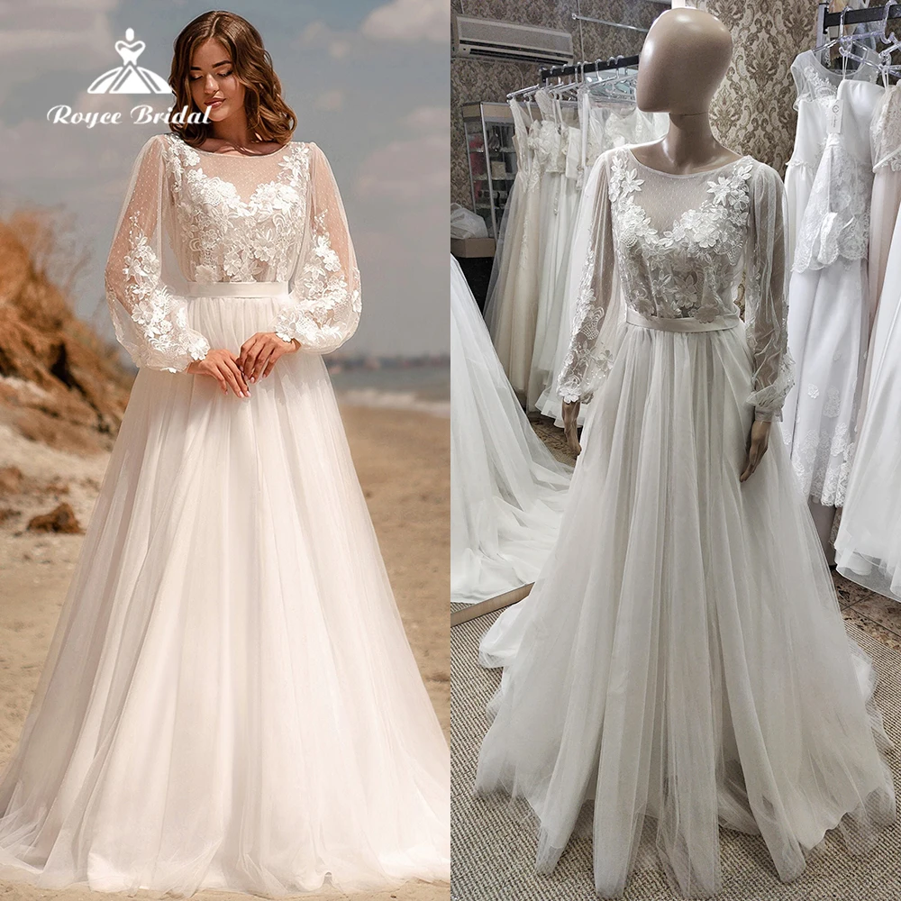 فستان زفاف أنيق A Line للنساء 2023 تول فستان زفاف أنيق أكمام منتفخة دانتيل زينة Vestidos De Novia Count Trian