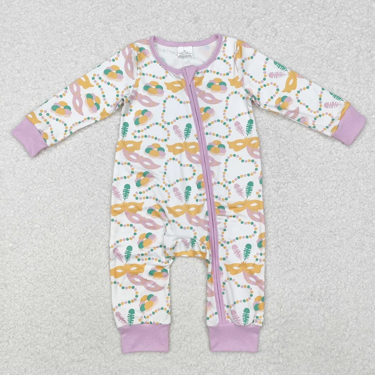 Wholesale Infant Kids Mardi Gras Clothes Toddler Newborn Coverall Bodysuit Baby Girl Children Long Sleeves Purple Zipper Romper