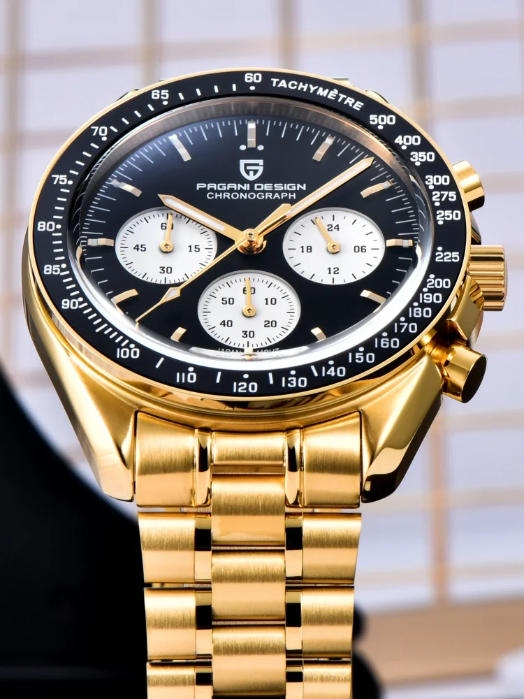 2026 Neue PAGANI DESIGN 1701 Herrenuhr in Goldfarbe, Luxus-Quarzuhr, Vollstahl, Sport-Chronograph, AR-Saphirglas, 100 m wasserdicht