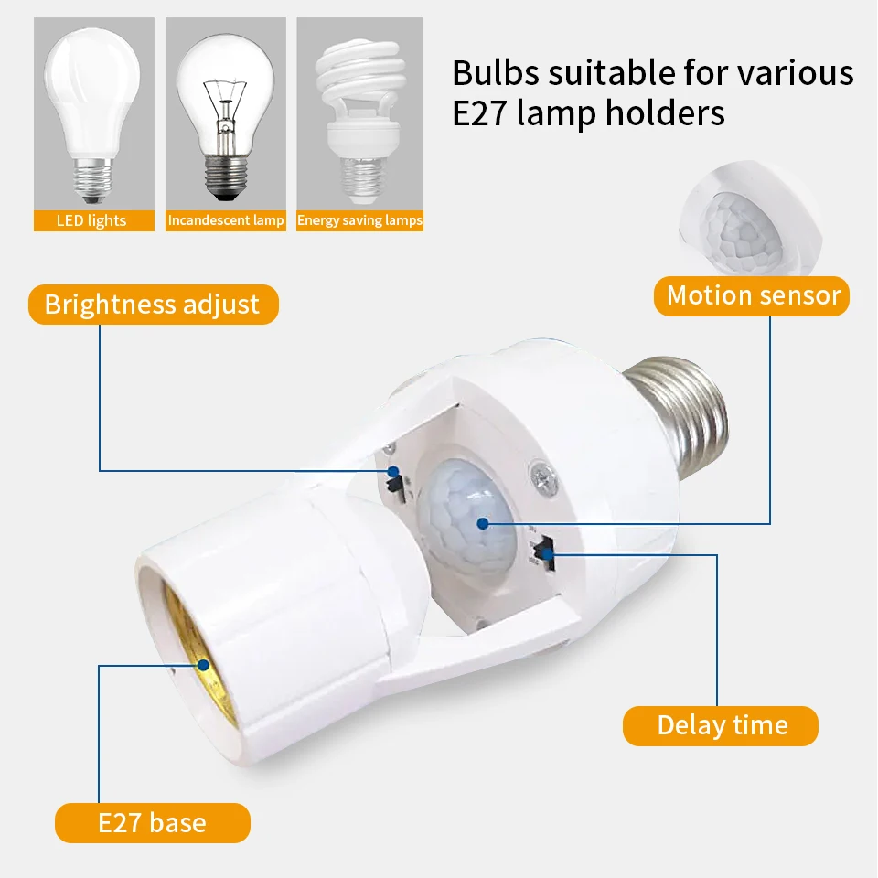 Base da lâmpada com interruptor inteligente, conversor soquete, controle de luz, adaptador do bulbo, PIR, sensor de movimento, E26, E27, AC85-265V