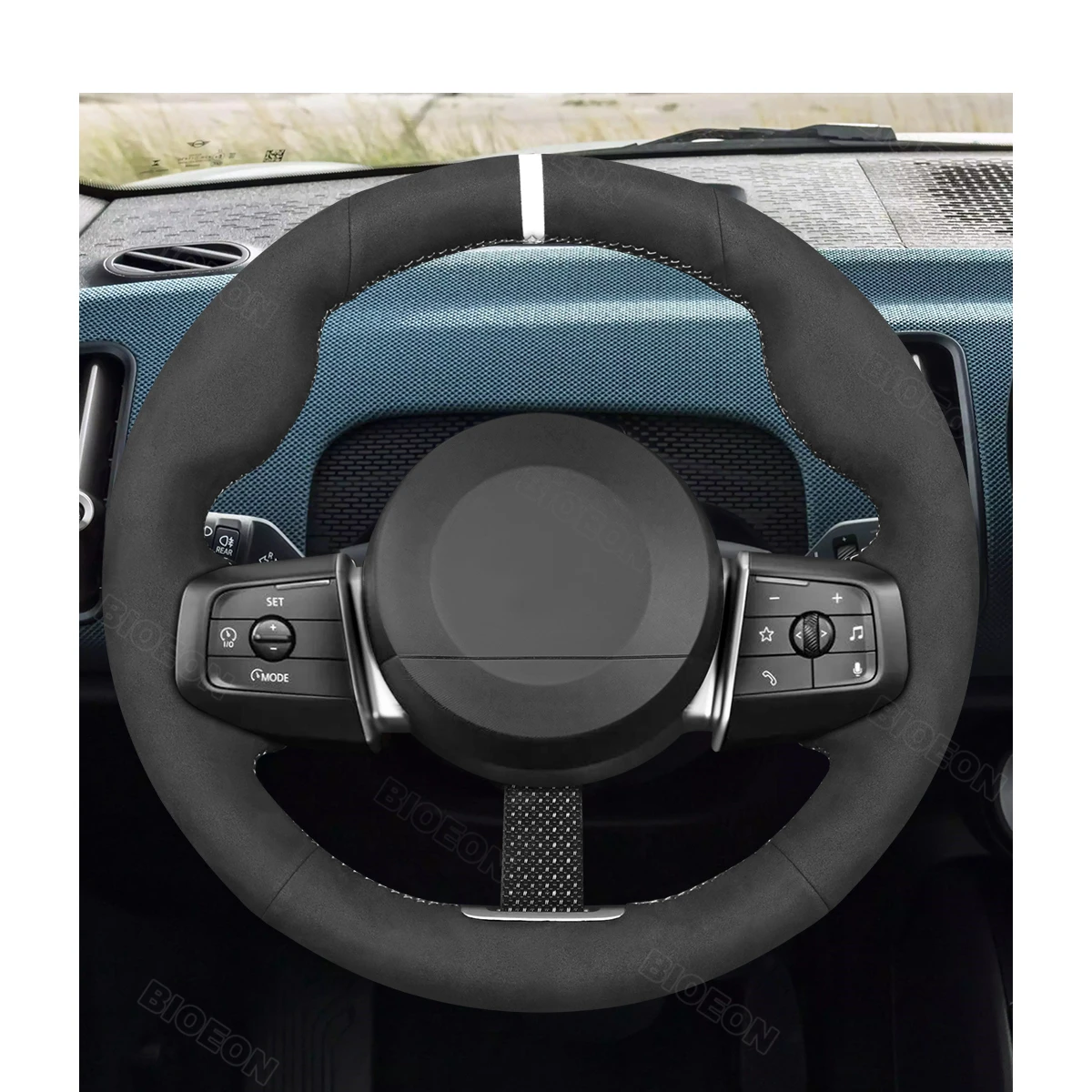 Bioeon Black Synthetic Suede Car Steering Wheel Cover for Mini Countryman (U25) Hatchback (F66) Electric Hatch (F66)