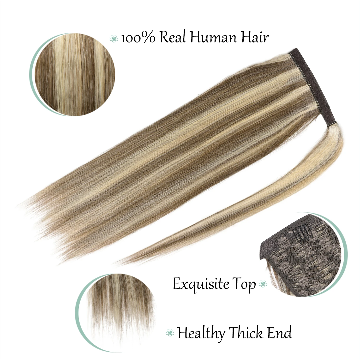 Ponytail Human Hair Extensions Long Straight Ponytail Wrap Around Clip in Handmade Real Human Hair Ponytail Extensions for Women