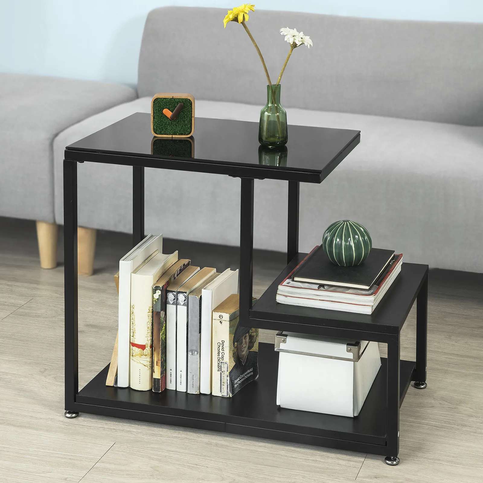 SoBuy FBT65-SCH tavolino con piano in vetro divano tavolo in vetro tavolino con 3 ripiani Nero, BHT ca. : 65x55x35 cm