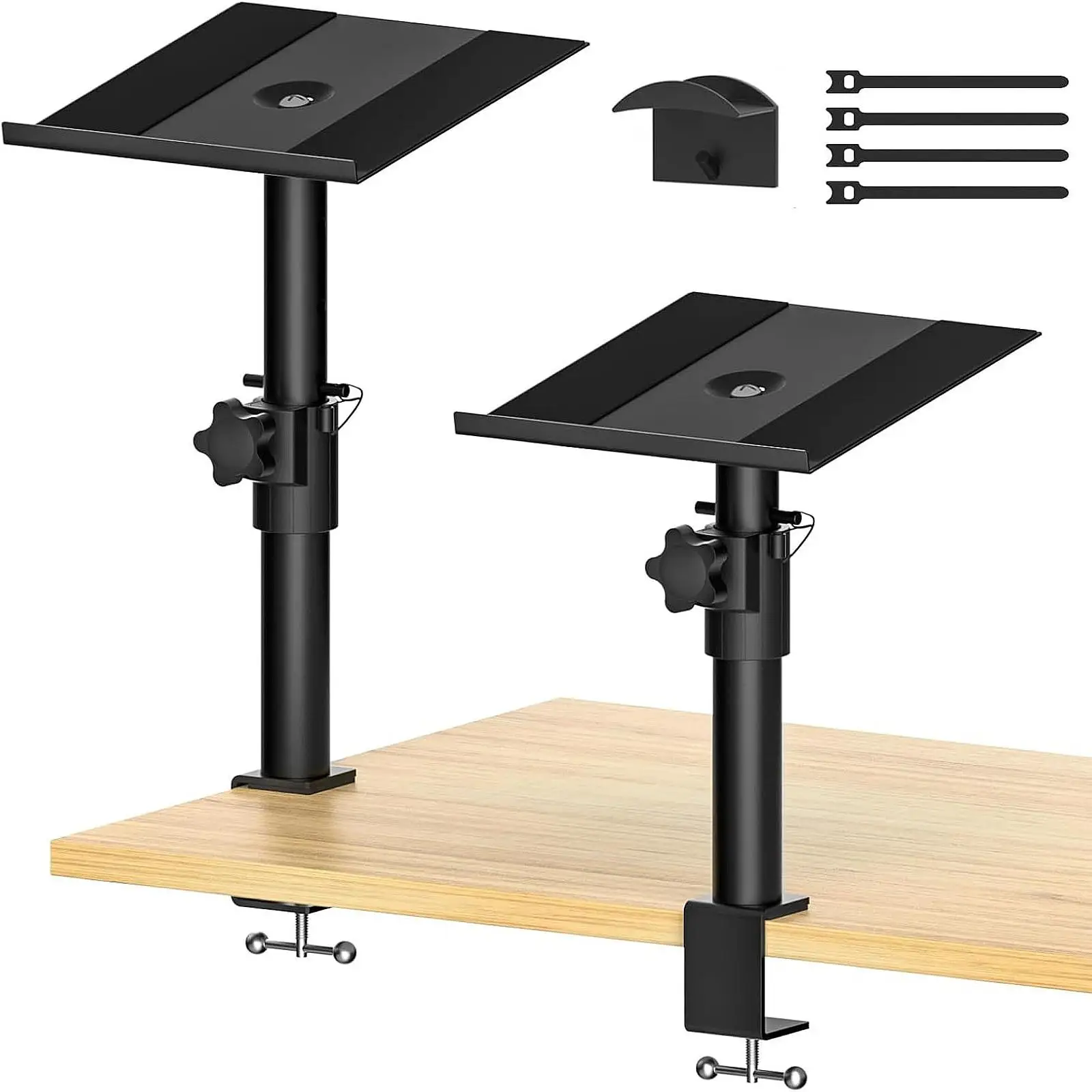 Soporte de altavoz con abrazadera y 2 correas, soporte de altavoz con gancho para auriculares para sonido envolvente, ordenador portátil y altavoces de estantería
