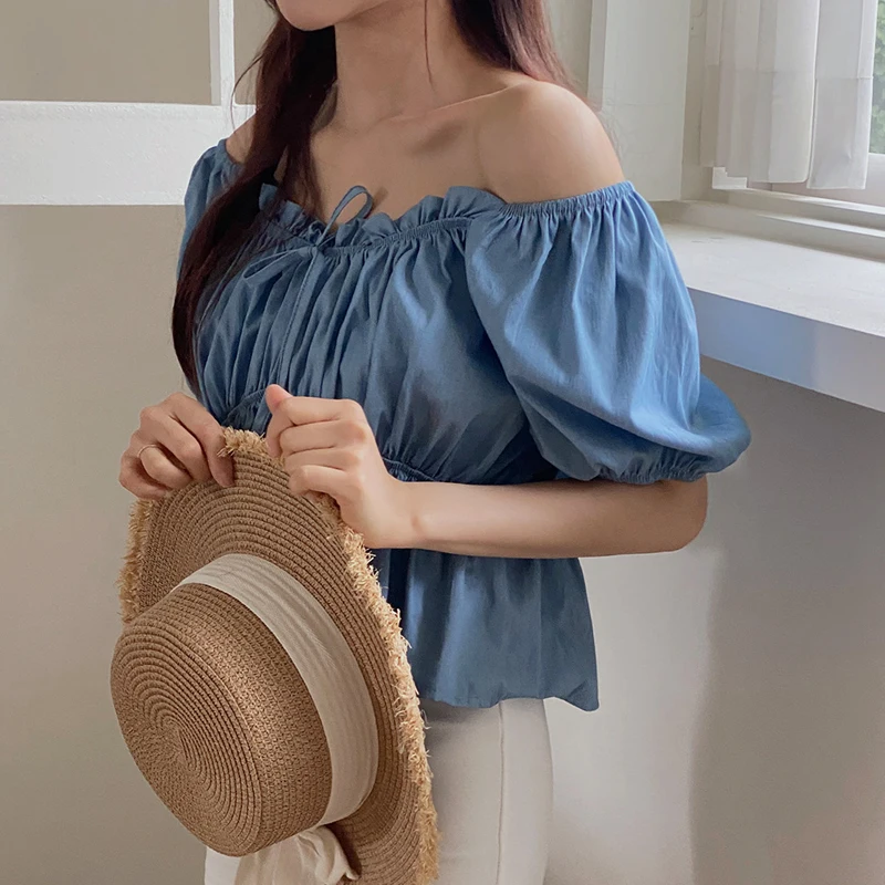 Korean style ribbon off shoulder puff sleeved ring and half sleeve denim blouse