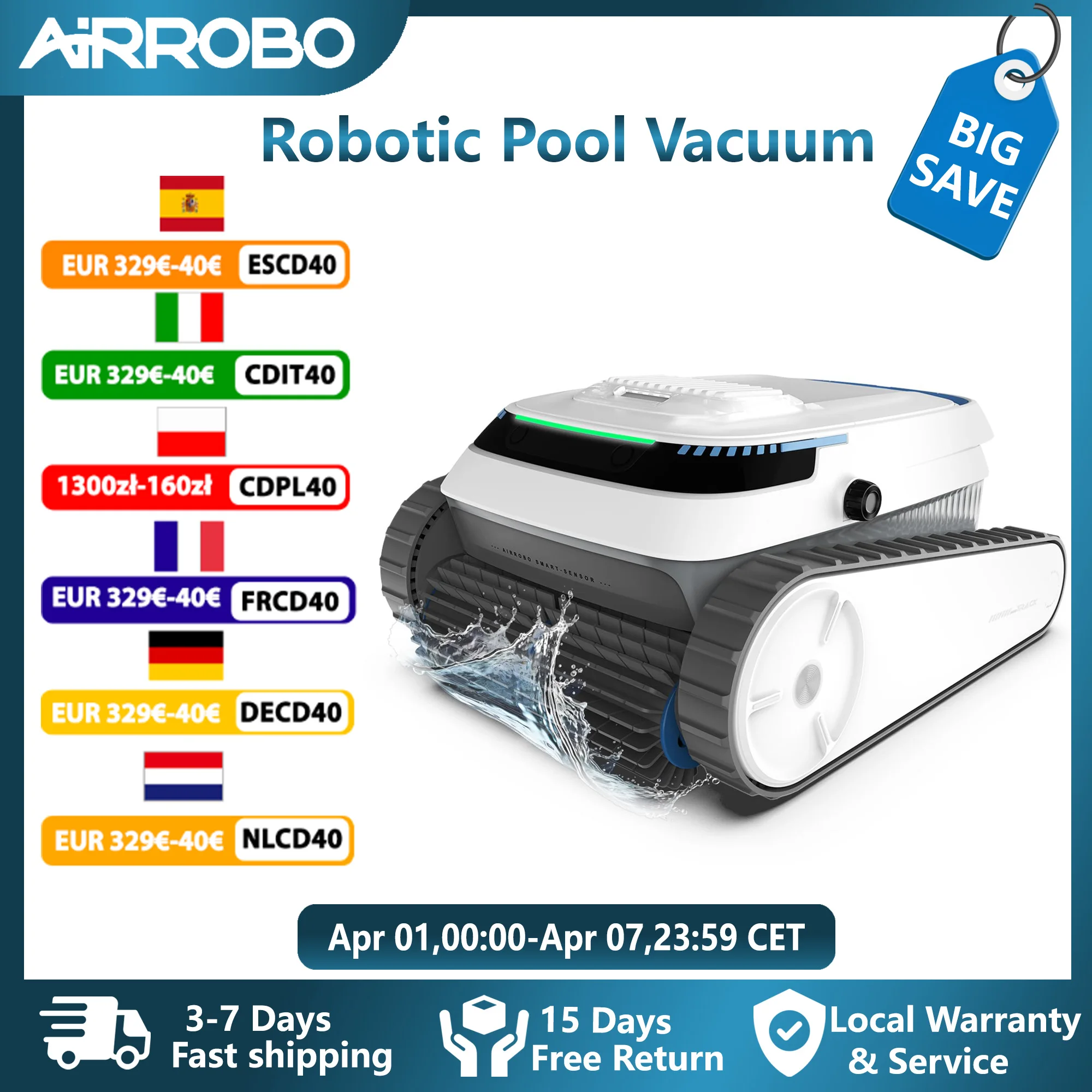 Robot nettoyeur de piscine intelligent AIRROBO PC10 - Autonomie de 120 minutes, escalade des parois, nettoie les sols/les parois/la ligne de flottaison pour les piscines enterrées et hors sol