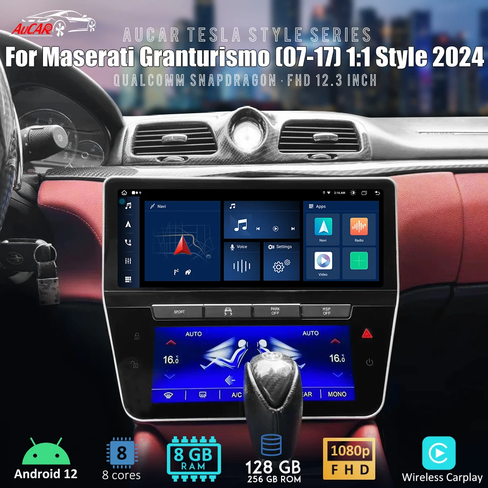 AuCar Android 12 Car Radio 12.3 Inch GPS Navigation Head Unit For Maserati GT/GC GranTurismo 2007-2017 CarPlay DVD Stereo Player