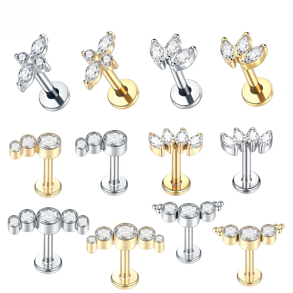1Pc Titanium Labret Piercing Goud Kleur Helix Oor Piercing Tragus Piercing Kubieke Zirkoon Lip Studs Ring Kraakbeen Oorbel Sieraden - afbeelding 2