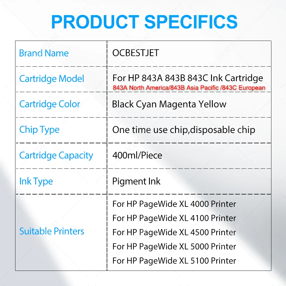

Совместимый чернильный картридж 843 843A 843B 843C с пигментными чернилами для HP PageWide XL 4000 4100 4500 5000 5100