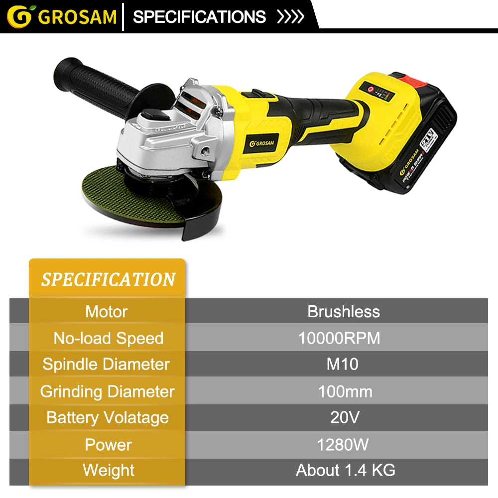 GROSAM 100mm Brushless Angle Grinder 21V 3 Gears Variable with 2PCS Lithium Battery Cordless Electric Impact Grinding Tool