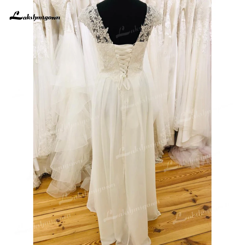 Boho Sexy V-hals Korte Cap Sleeve Backless Lace Up Applicaties A-lijn Trouwjurken Chiffon Bridal Beach Sweep Vestido De Noiva