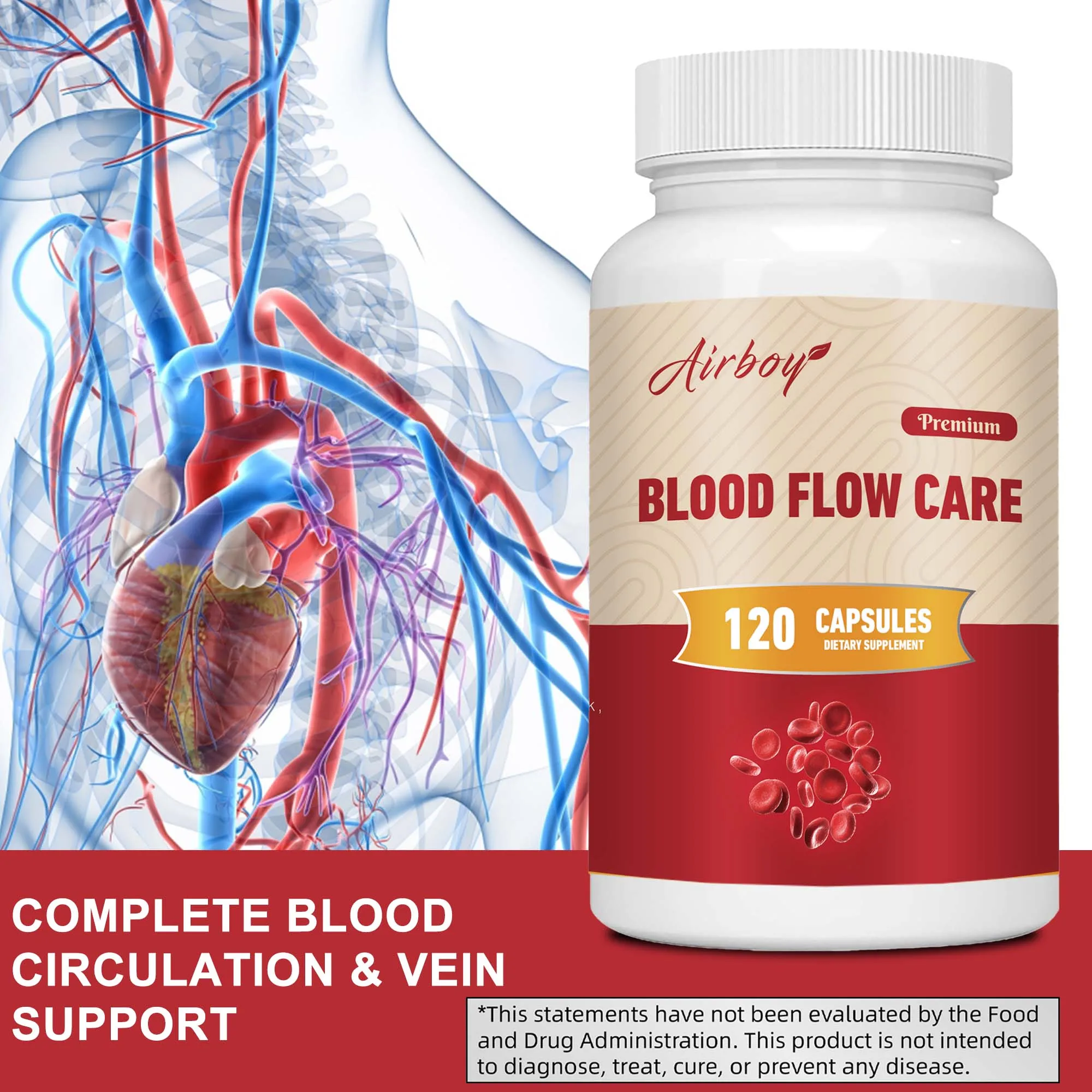 Blood Flow Care Supplement, Saúde do Coração, Promove a Circulação Sanguínea Natural, 120 Cápsulas