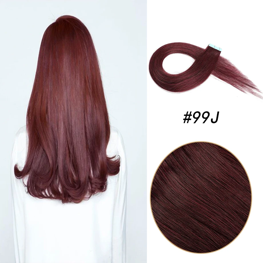 Tape In Human Hair Extensions Straight 100% Natural Burgundy Black Brown Remy Seamless Invisible Double Side Skin Weft Adhesive