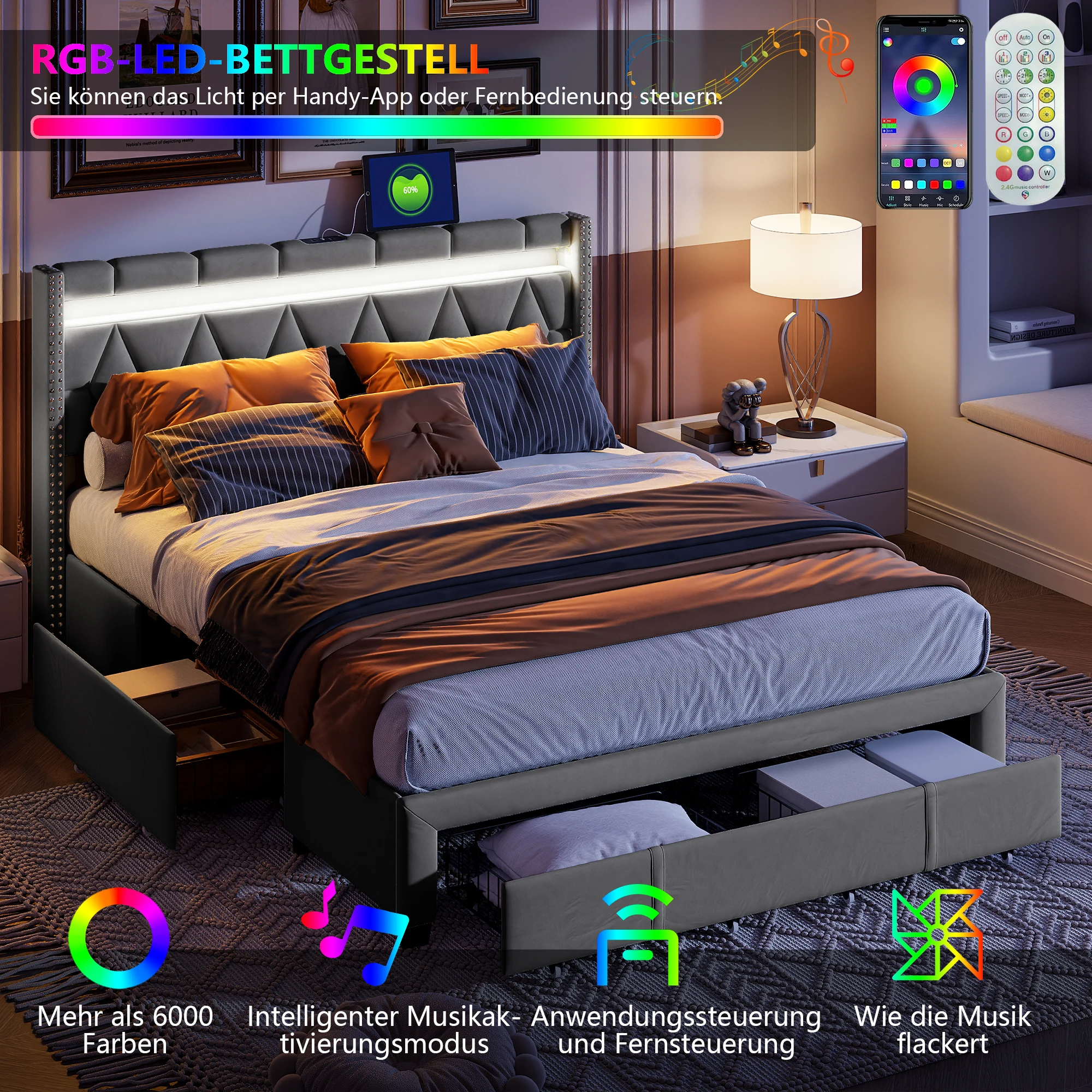 ROSAHQNDA Letto imbottito con Cassetti، Letto الزواجية Moderno in Lino، testiera Unica a LED con porte USB، Sans Materasso