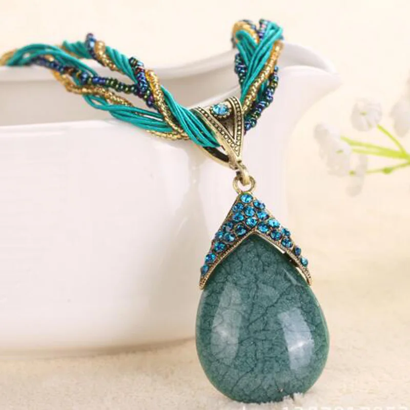 Bohemian Statement Beaded Vintage Jewelry Turquoise Rhinestone Vintage natural stone Necklace for Women Pendent Collar Necklace