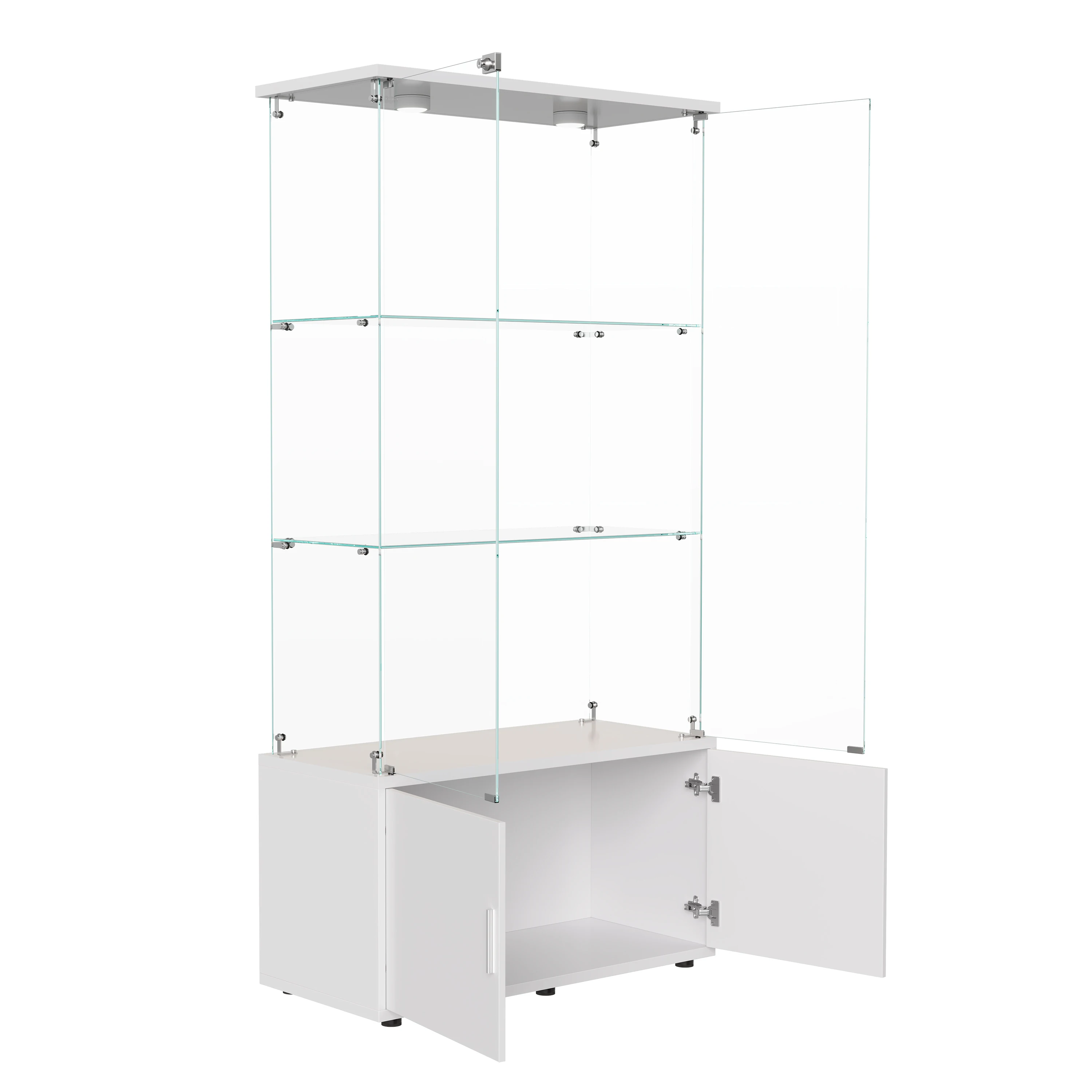 Vitrina de cristal con dos puertas de cristal y cerradura, expositor con 5 estantes de cristal, vitrina de cristal transparente, color blanco.
