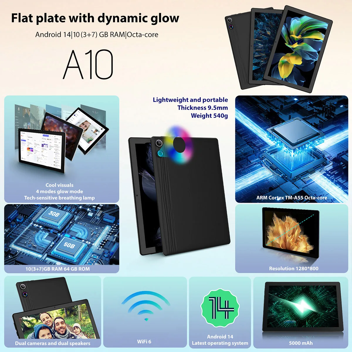 A10 Android 14 Tablet 10 pollici 10 GB RAM 64 GB ROM 1 TB espandibile Widevine L1 5000 MAH Batteria doppia fotocamera WiFi 6 Face Sblock