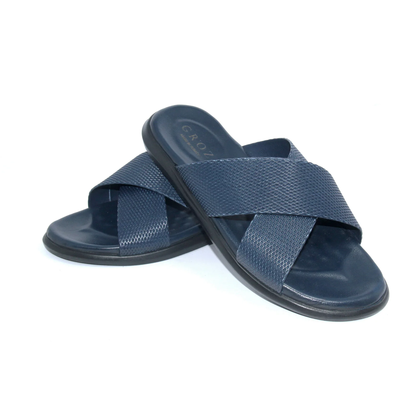 GROZ Dark Blue Leather Slippers, Real Calfskin, Lightweight Sliders for Travelling Outdoor Sandals, Summer Collection