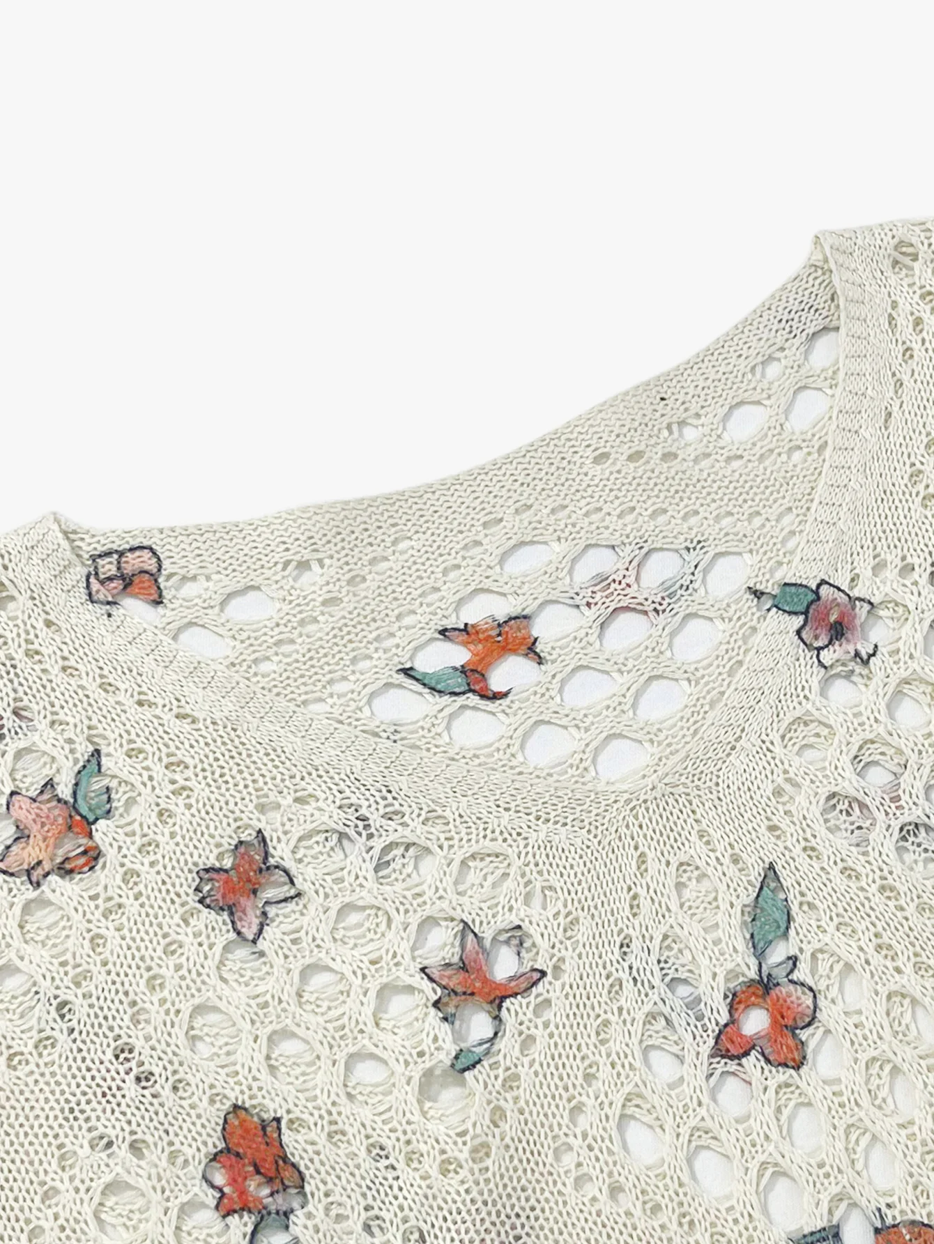 Women's Floral Print Hollow Out Knit Sweater, Casual V Neck Half Sleeve Loose Fit Pullover Top for Summer Vacation Streetwear view 5