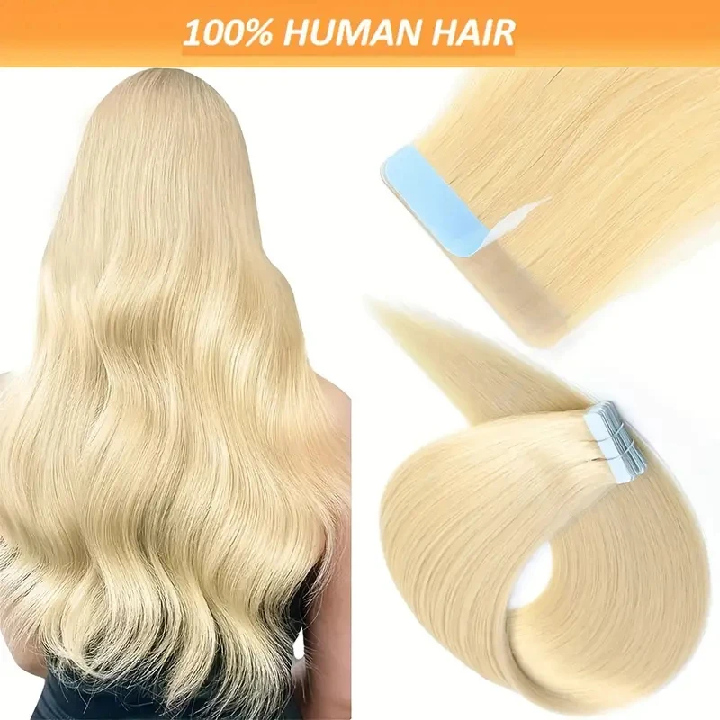 Alimice-extensiones de cabello humano Remy para mujer, cinta Invisible de color rubio #613, 50g