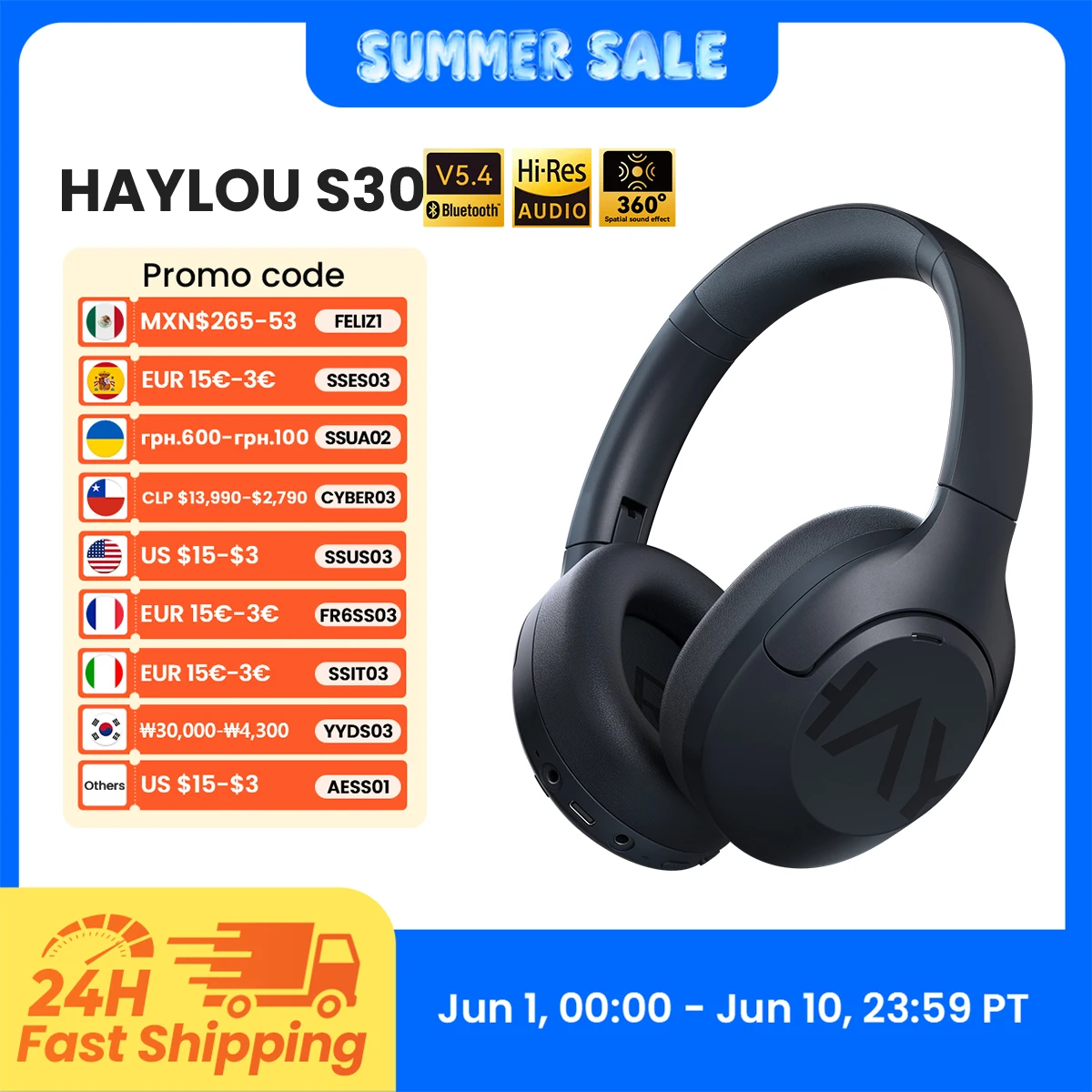 HAYLOU S30 Auriculares Inalámbricos Bluetooth 5.4 43dB Auriculares Adaptativos con Cancelación de Ruido 40mm Driver 80H Playtime