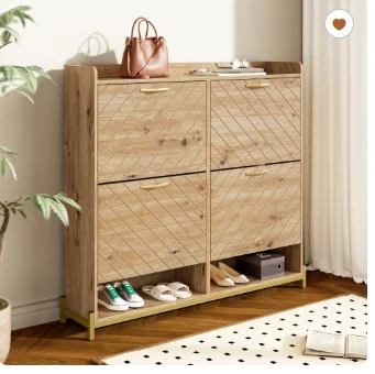 Modern schoenenrek in houtlook – 4-deurs schoenenkast – ruimtebesparende schoenenkast voor entree, hal of gang –