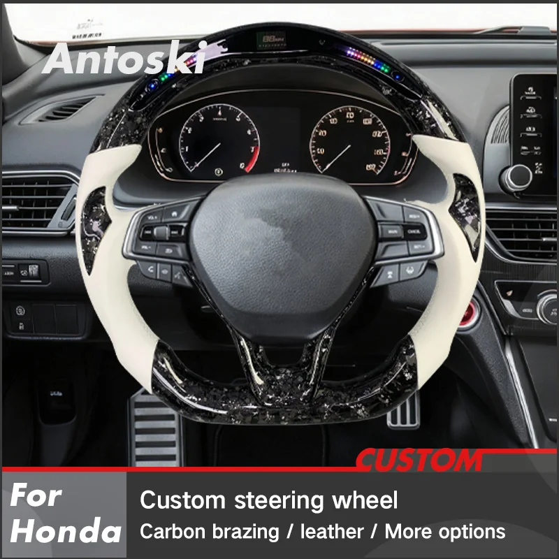 عجلة قيادة من ألياف الكربون مزورة من جلد الغزال مخصصة لسيارة Honda Accord الجيل العاشر 2018-2023 مجهزة بمصابيح LED #2