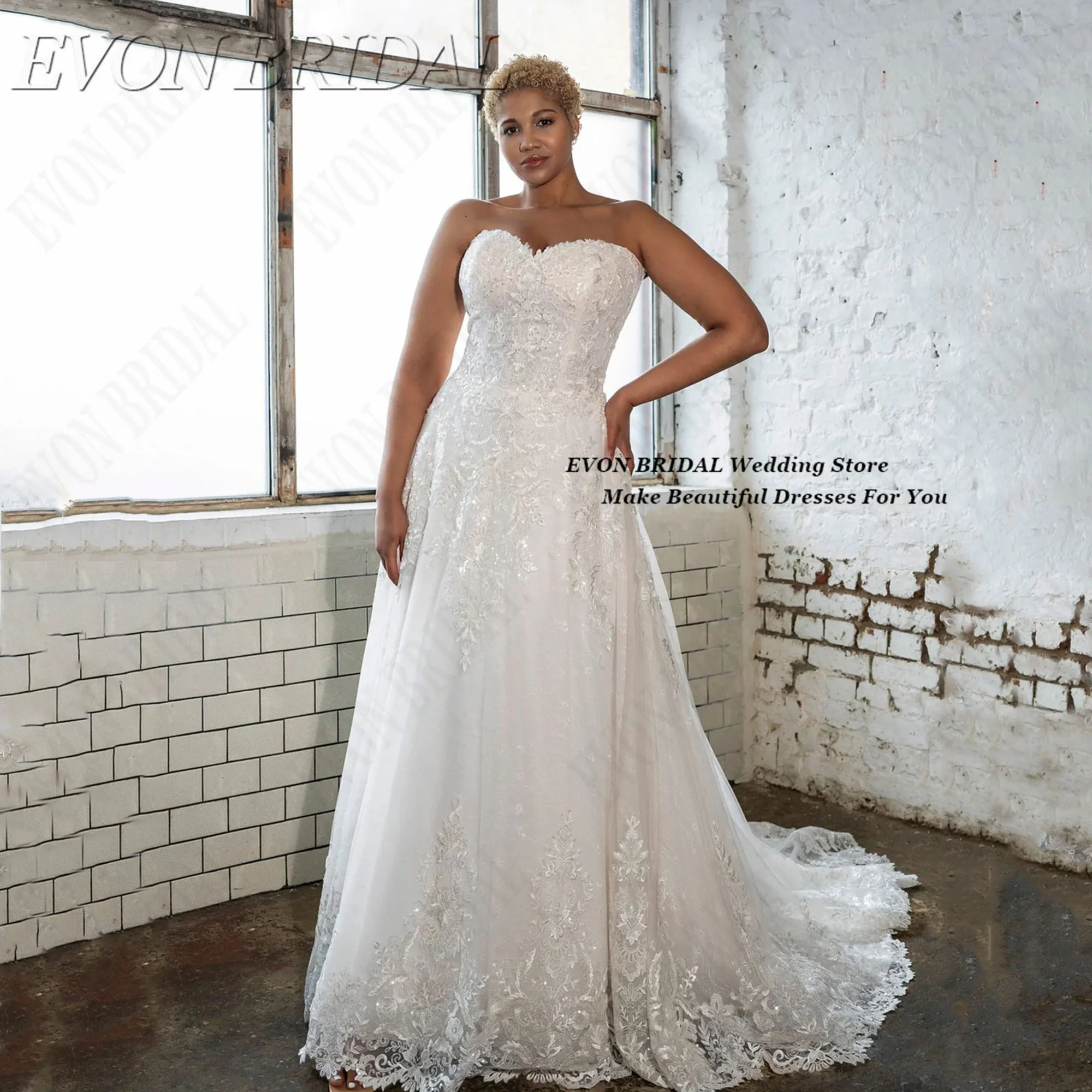 

Elegant Sweethart Plus Size Bride Dresses Tulle Lace Applique A Line Wedding Dress Custom Made Vestidos De Novia EVON BRIDAL