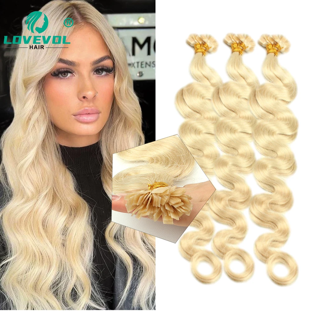 Lovevol 50pcs/ 50G Set Body Wave Flat Tip Hair Extensions Natural Real Human Hair Extensions Keratin Pre Blonde Color 14-24inch