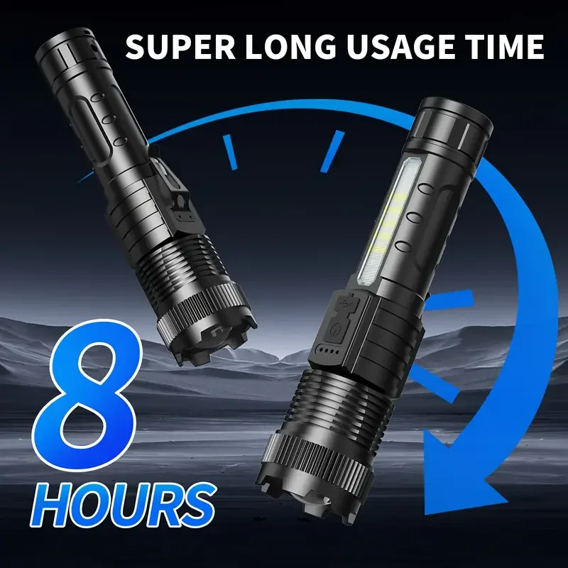 High lumen LED flashlight, portable multifunctional flashlight, powerful adjustable portable lamp, built-in USB charging.
