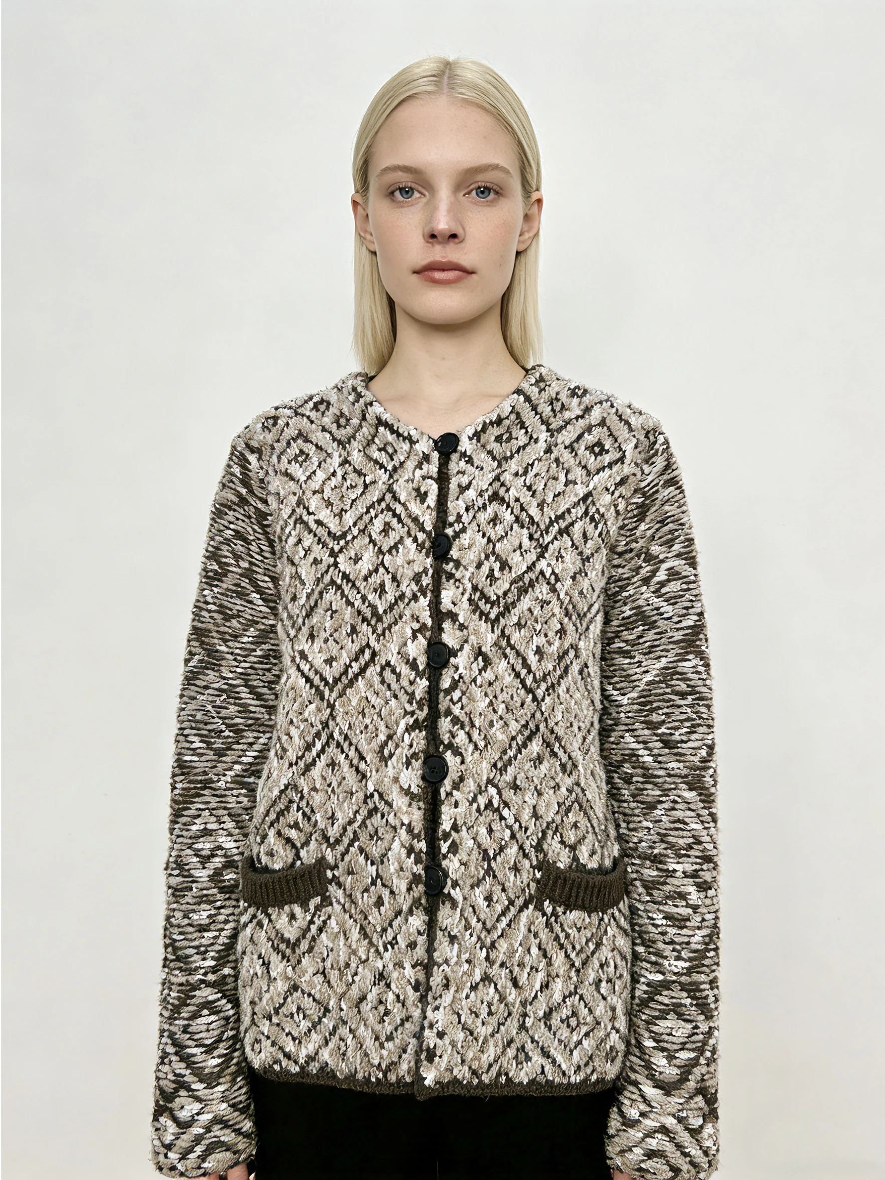 

Кашемировый женский кардиган класса люкс с эффектом меланж, ромбовидным узором, карманами, свободного кроя