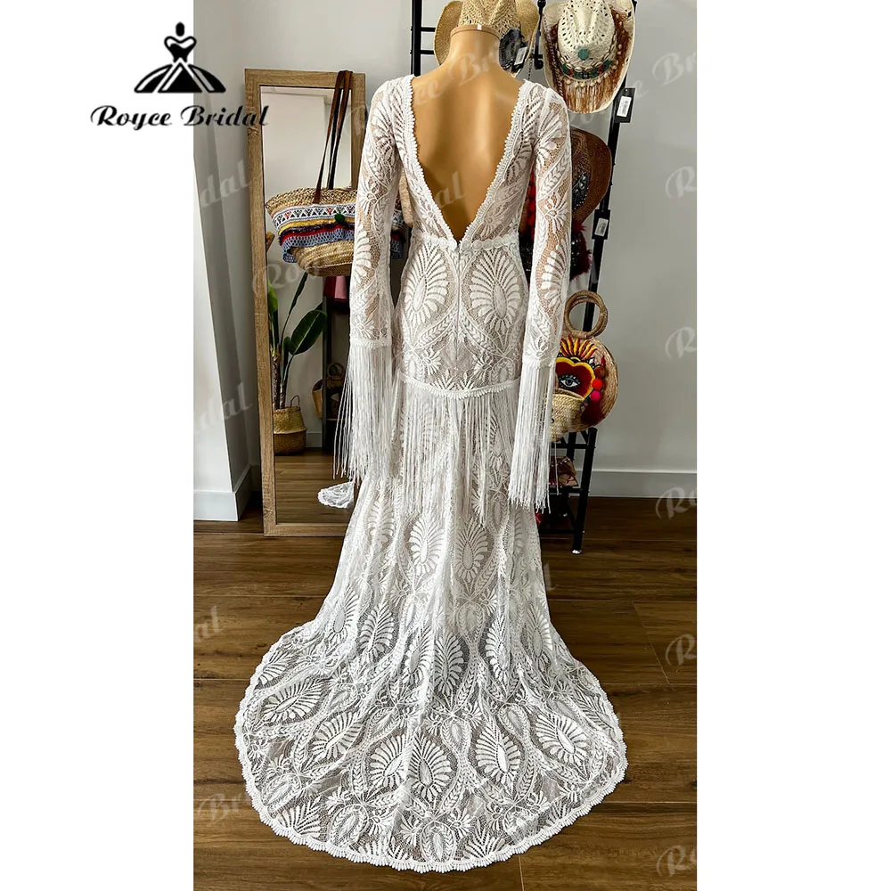 Elopement V Neck Lace Long Sleeve Bohemian Wedding Party Dress for Women 2024 Tassel Fringed Backless Bridal Gown robes mariée