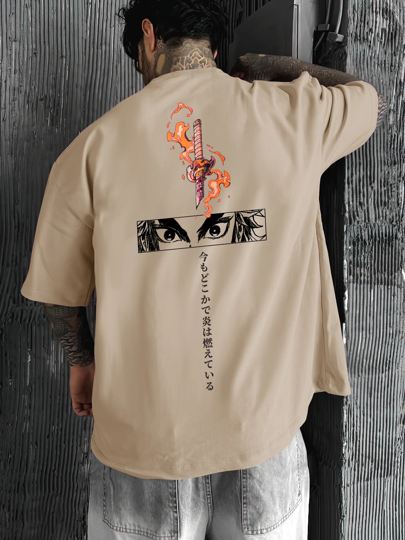 Streetwear Brand With Eye - ブランドアニメアイズグラフィックTシャツオーバーサイズフィット日本ストリートウェアスタイルコットンカジュアルショーツパンツセットカーキカラーサイズS-5XL L
