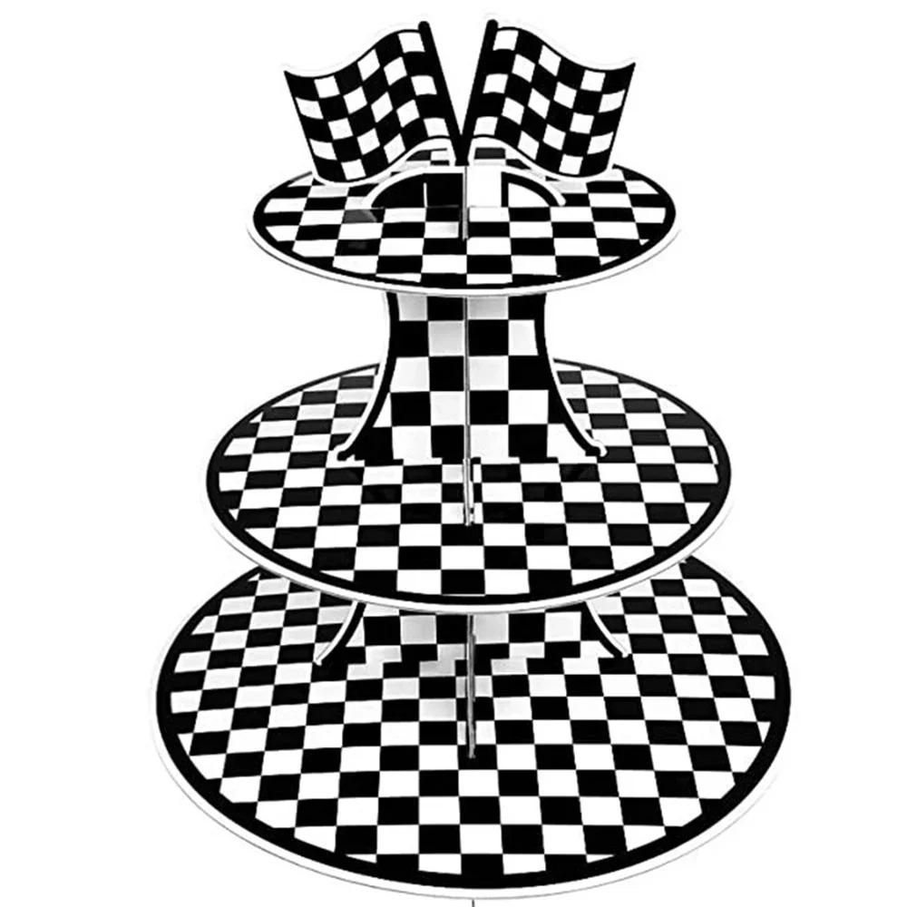 Support à cupcakes rond en carton à 3 niveaux sur le thème de la voiture de course, 1 pièce, pour Cupcakes, voitures, cadeaux de fête d'anniversaire, décor à carreaux noir et blanc