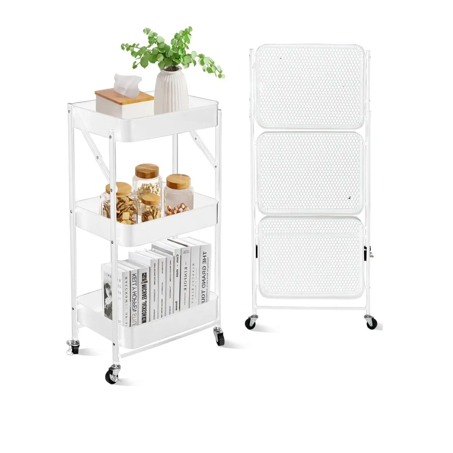 3 Tier Foldable Metal Rolling Utility Cart Organizer, 46x30x76cm Multipurpose Organizer Trolley with Casters White