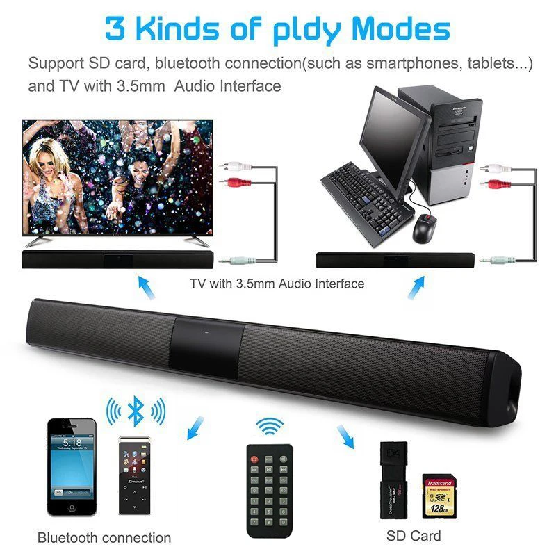 Rsionch Portable TV Sound Bar Wireless Bluetooth Speaker with FM Radio Remote Bass Surround Sound for PC Smartphone Projector