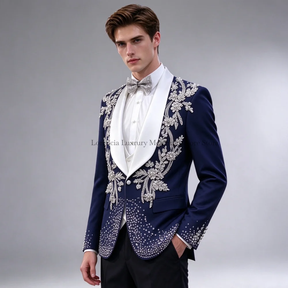 Customized Luxury Sequin Applique Men Suit For Prom Groom Gem Corset Male Wedding Party Simple Blazer 3 Pieces Sets Tuxedos Slim